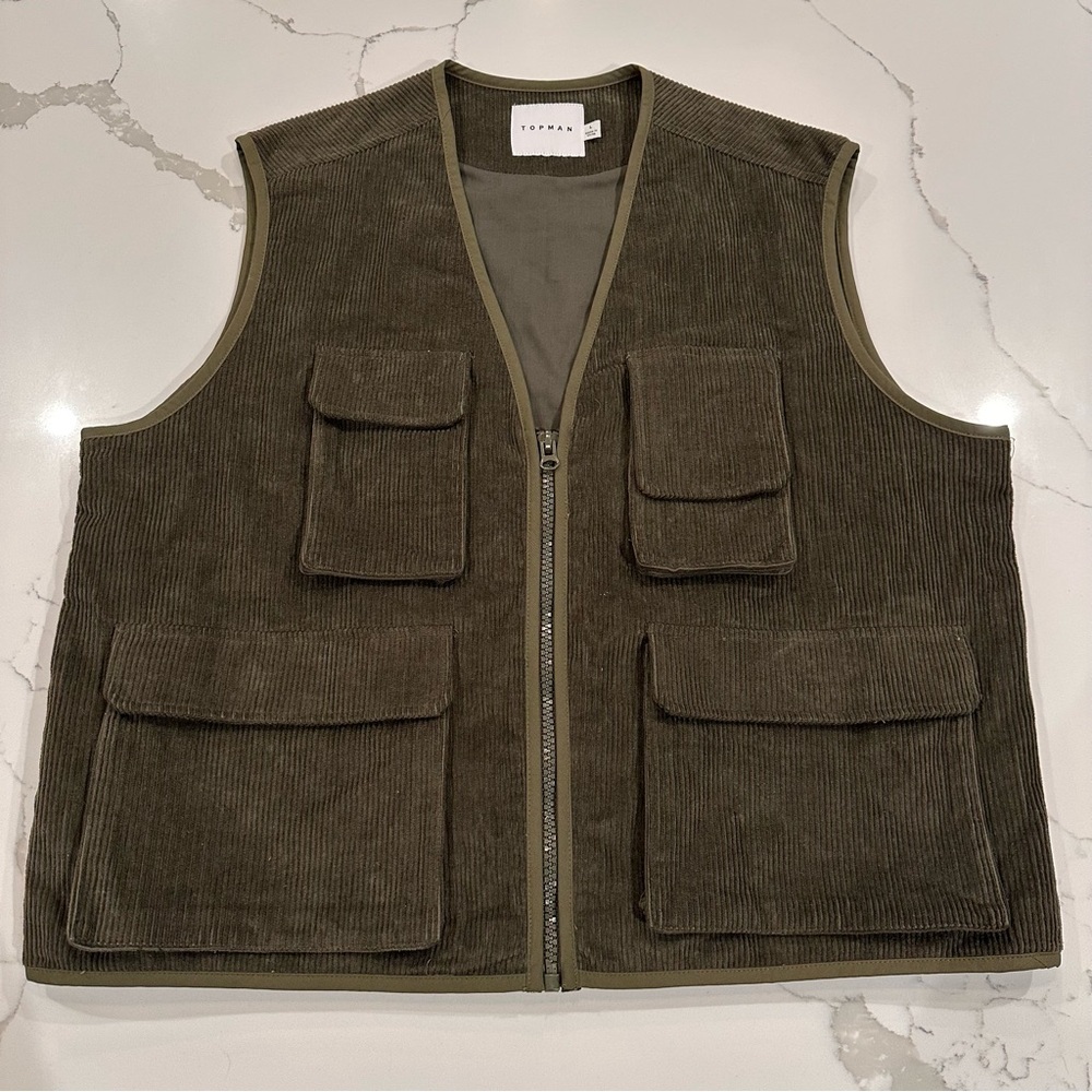 Topman Corduroy Utility Vest Men L Khaki Army Green Zip Pockets Retro Streetwear